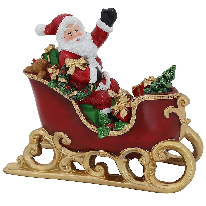 9.5" Red & Gold Waving Santa Sitting in a Sleigh Christmas Decoration