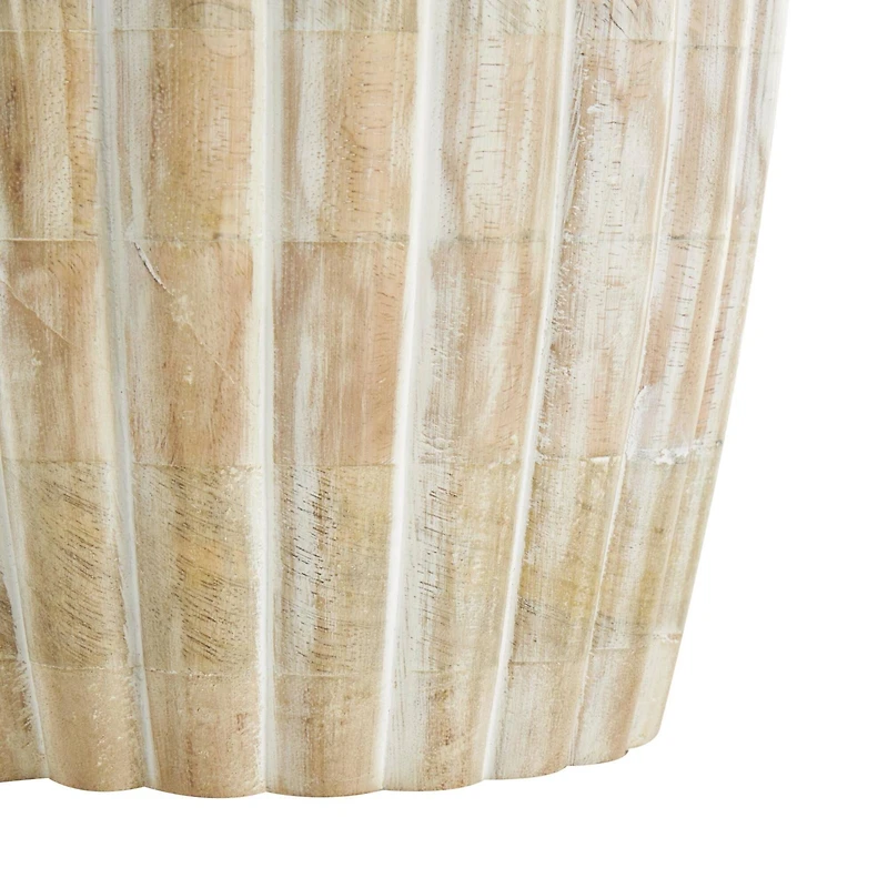 11" Light Brown Mango Wood Distressed Vase with Carved Ridges