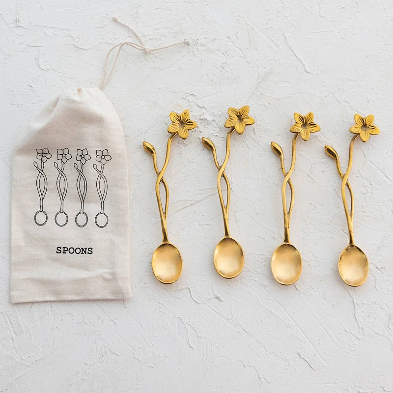 Hello Honey® Farmhouse Brass Finish Spoons with Flower Handles in Drawstring Bag