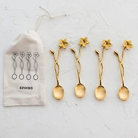 Hello Honey® Farmhouse Brass Finish Spoons with Flower Handles in Drawstring Bag