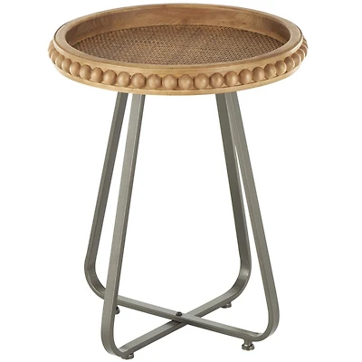20.5" Brown Wood Beaded Accent Table with Rounded Gray Metal Base & Rattan Accent