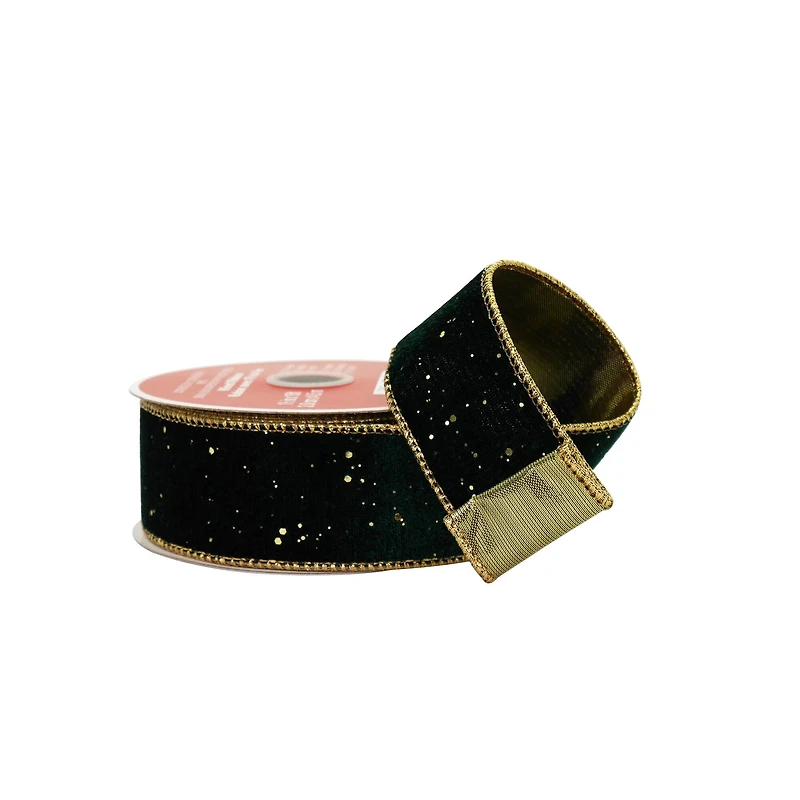 1.5" x 15ft. Green & Gold Wired Velvet Ribbon by Celebrate It®