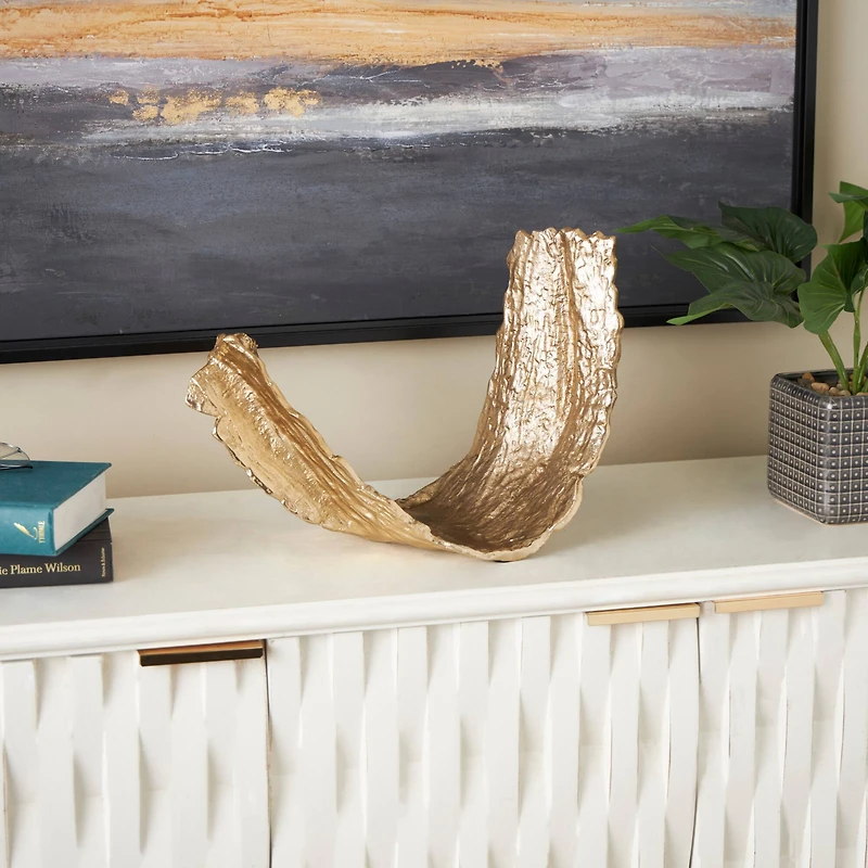 15" Gold Abstract Textured Folded Leaf Aluminum Bowl Sculpture