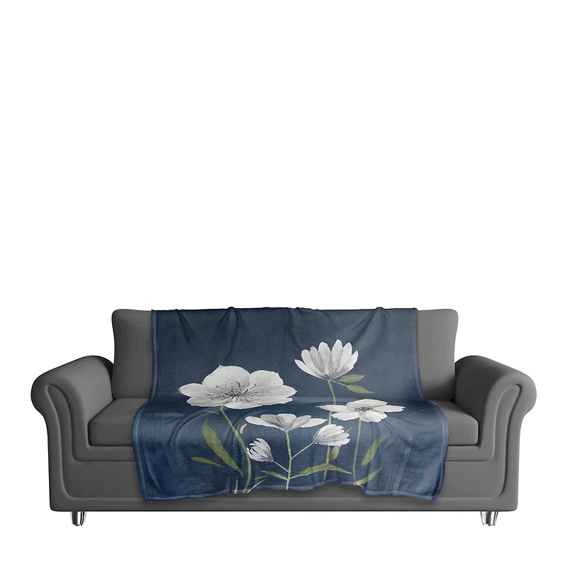 50" x 60" Bright White Flowers on Navy Coral Fleece Blanket