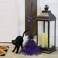 29" Purple & Black Striped Animated Witches Halloween Broom with Bat Accents