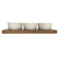 Hello Honey® Cream Stoneware Bowls & Natural Mango Wood Tray Set