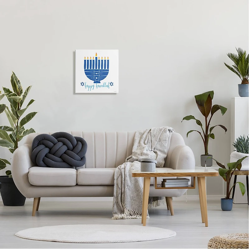 Stupell Industries Happy Hanukkah Patterned Blue Menorah Canvas Wall Art