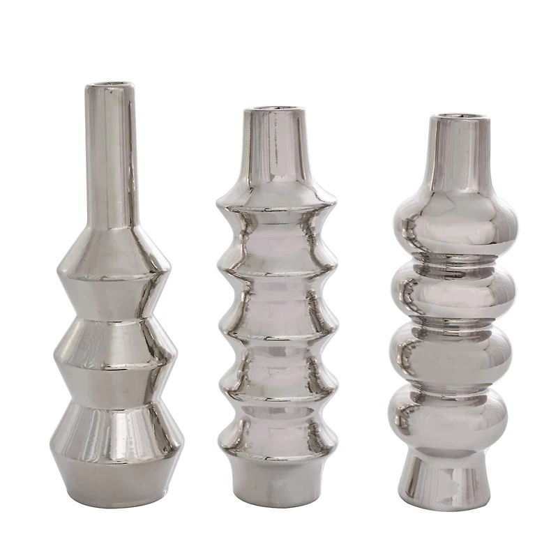 Silver Ceramic Abstract Bubble Ribbed Vase Set