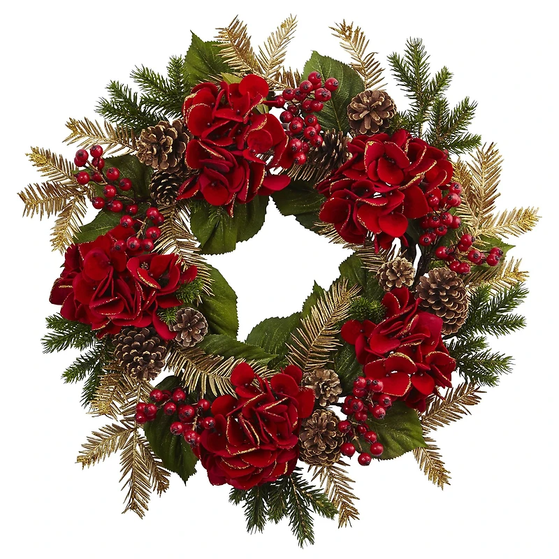 24" Red Hydrangea Pine Wreath