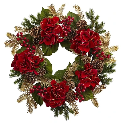 24" Red Hydrangea Pine Wreath