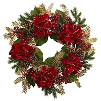 24" Red Hydrangea Pine Wreath