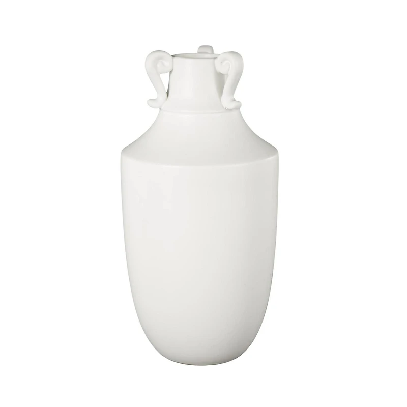 15.75" White Ceramic Sleek Amphora Vase with Scroll Handles