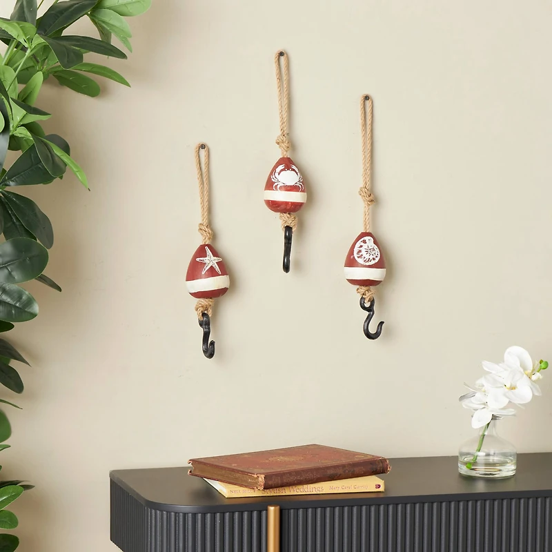 Red Wood Buoy Wall Hook with Jute Rope and Metal Hook Set