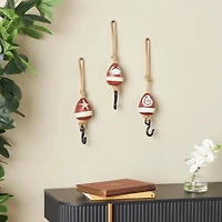 Red Wood Buoy Wall Hook with Jute Rope and Metal Hook Set