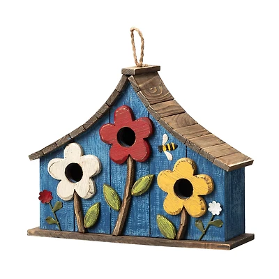 Glitzhome® 15" Blue Distressed Wood Birdhouse with Flowers