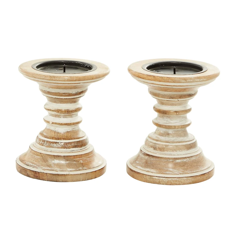 6'' Light Brown Mango Wood Traditional Candle Holder, 2ct.
