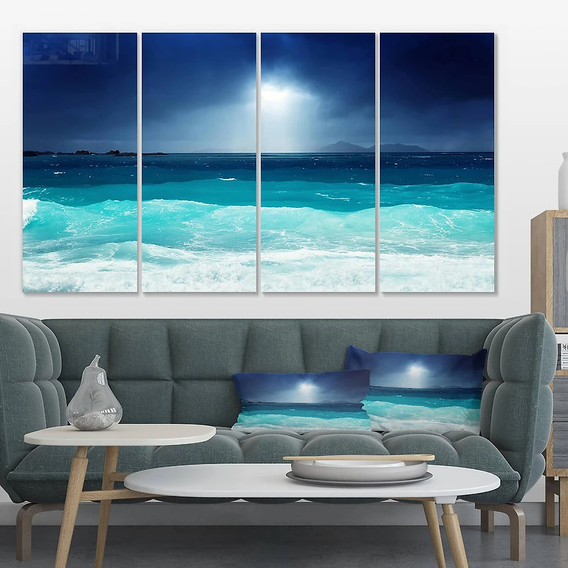 Designart - Neon Sea Waves under Dark Sky