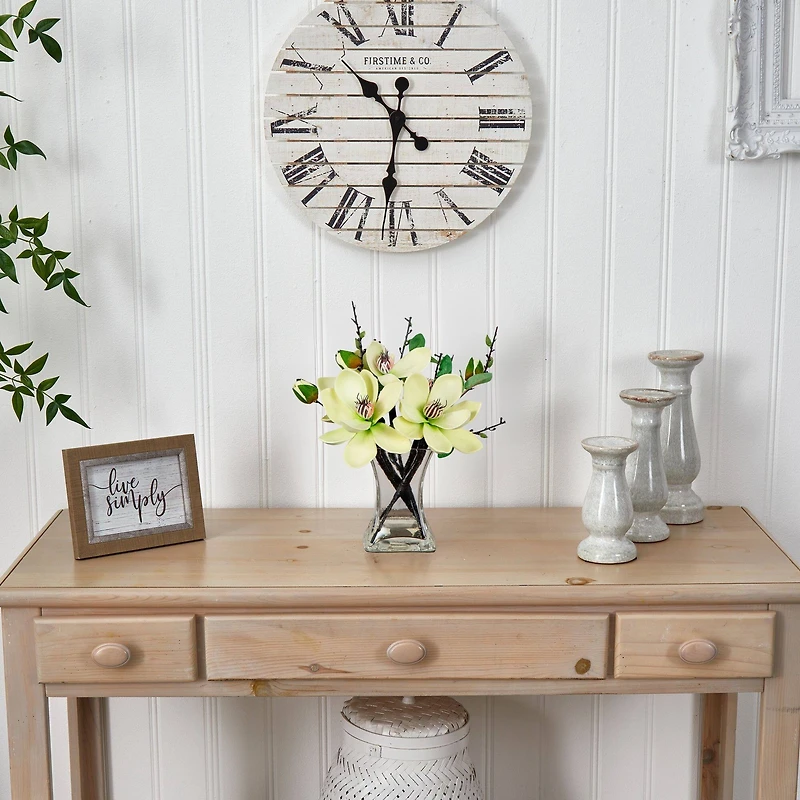 15" White Magnolia Arrangement with Glass Vase