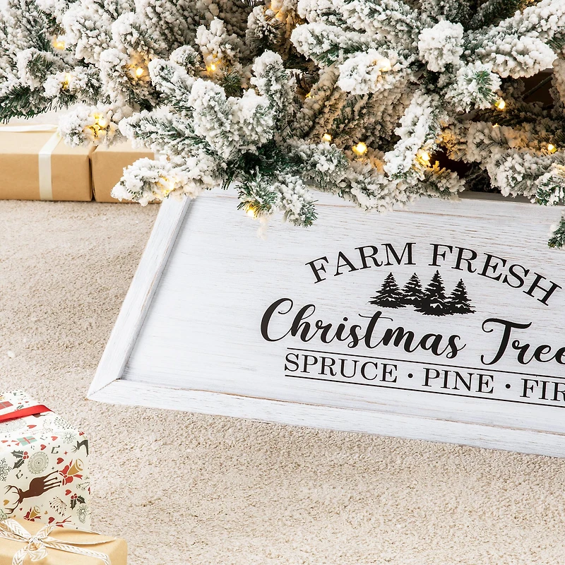 Glitzhome® White 26" Farm Fresh Christmas Trees Wooden Trapezoid Tree Collar