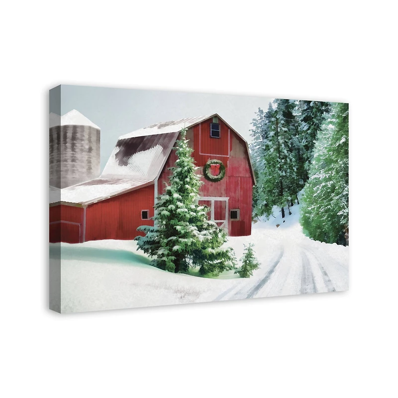 Painted, Snowy Red Barn 30x20 Canvas Wall Art