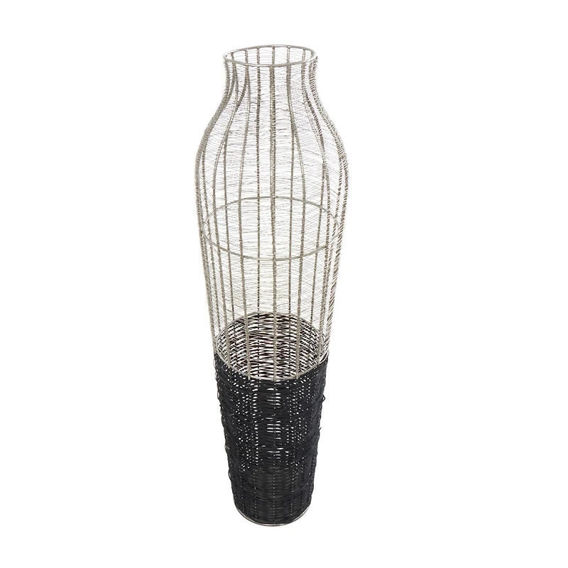 36" Silver Metal Vase with Woven Black Rattan Base