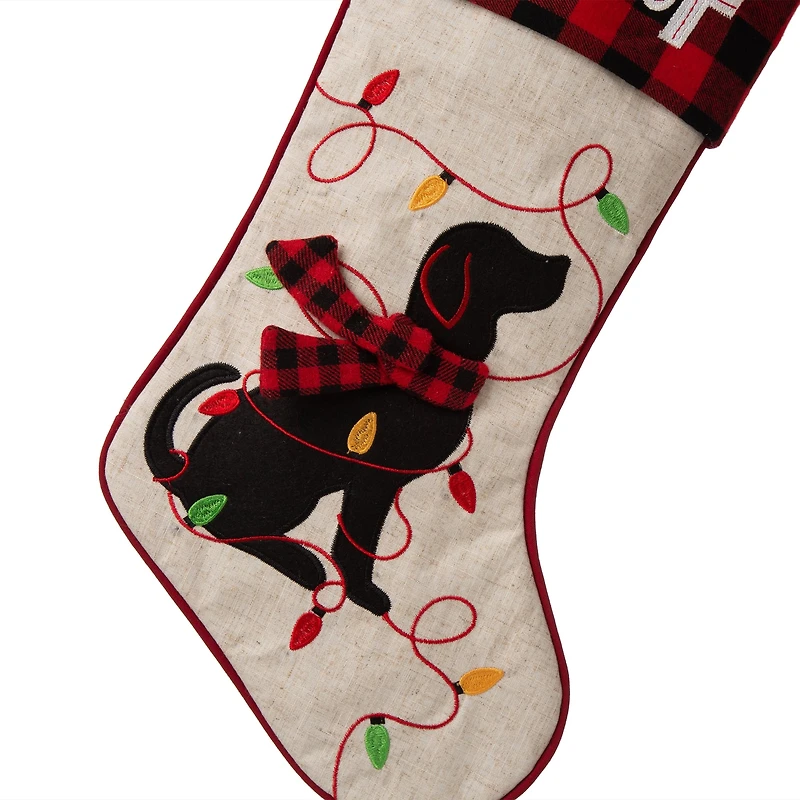 Glitzhome® 21" LED Embroidered Dog Linen Christmas Stocking