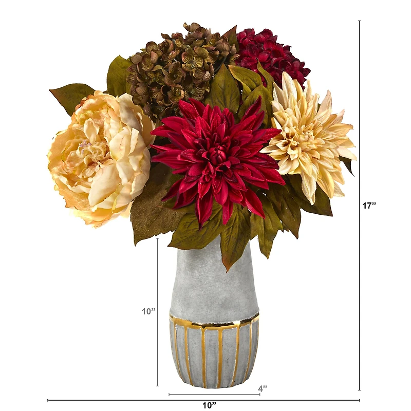 17" Peony, Hydrangea & Dahlia Arrangement in Stoneware Vase with Gold Trimming