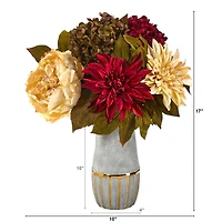 17" Peony, Hydrangea & Dahlia Arrangement in Stoneware Vase with Gold Trimming