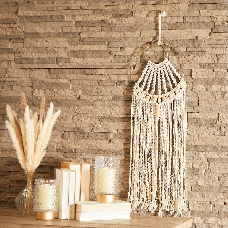 Beige Cotton Handmade Intricately Weaved Macrame Wall Decor with Beaded Fringe Tassels 10" x 1" x 38"
