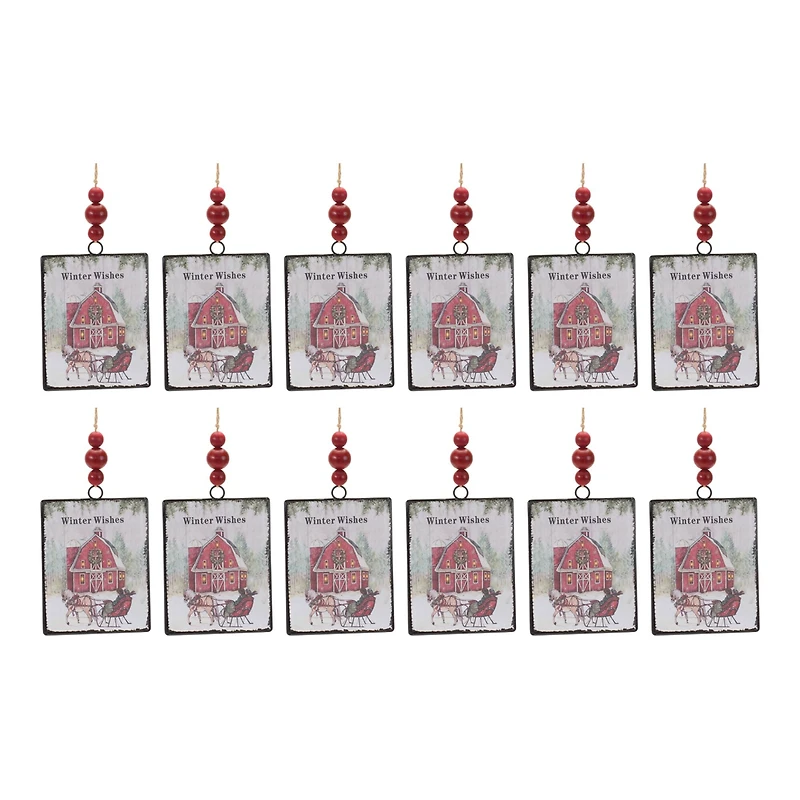 12ct. 6.25" Glass Winter Wishes Barn Ornament Set