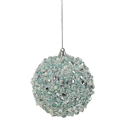 3.5" Green Glitter and White Beads Shatterproof Christmas Ball Ornament