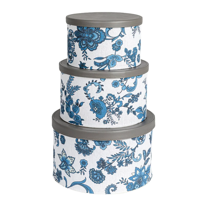 Household Essentials Cream & Blue Floral Nesting Hat Box Set with Faux Leather Lids