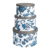 Household Essentials Cream & Blue Floral Nesting Hat Box Set with Faux Leather Lids
