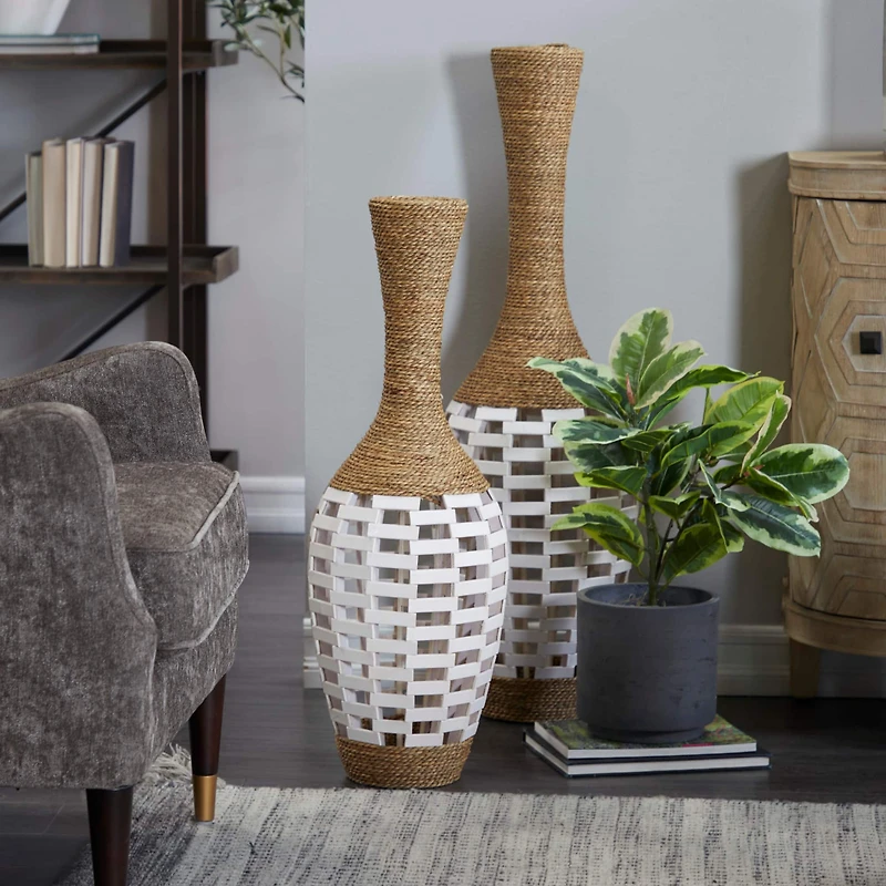 White Seagrass Handmade Tall Woven Floor Vase 11" x 11" x 32"