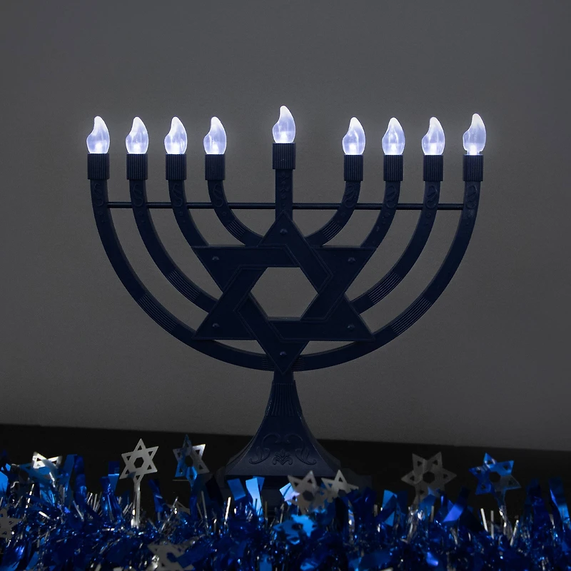 Battery Operated LED Lighted Star of David Hanukkah Menorah - 11.75" - Blue