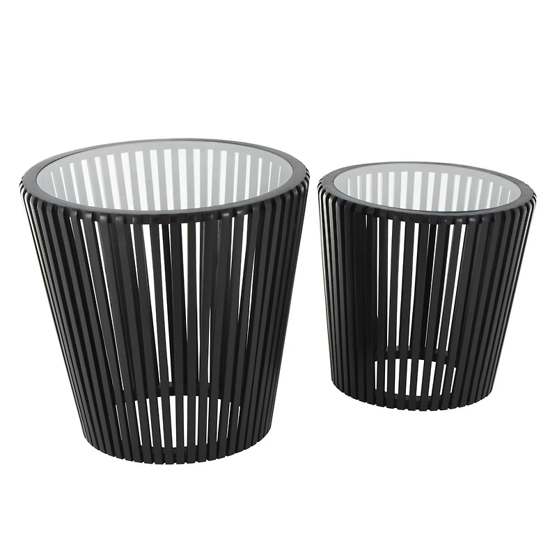 Black Wood Cage Inspired Accent Table with Clear Glass Tabletop Set