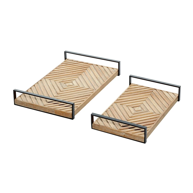 Brown Ribbed Wood Farmhouse Tray Set