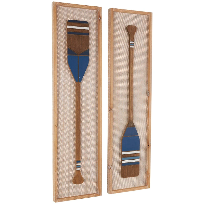 Brown Wood Paddle Wall Décor with Blue Accents & Chevron Pattern Set