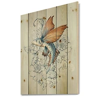 Designart - Flying Fish On Peonies - Traditional Print on Natural Pine Wood