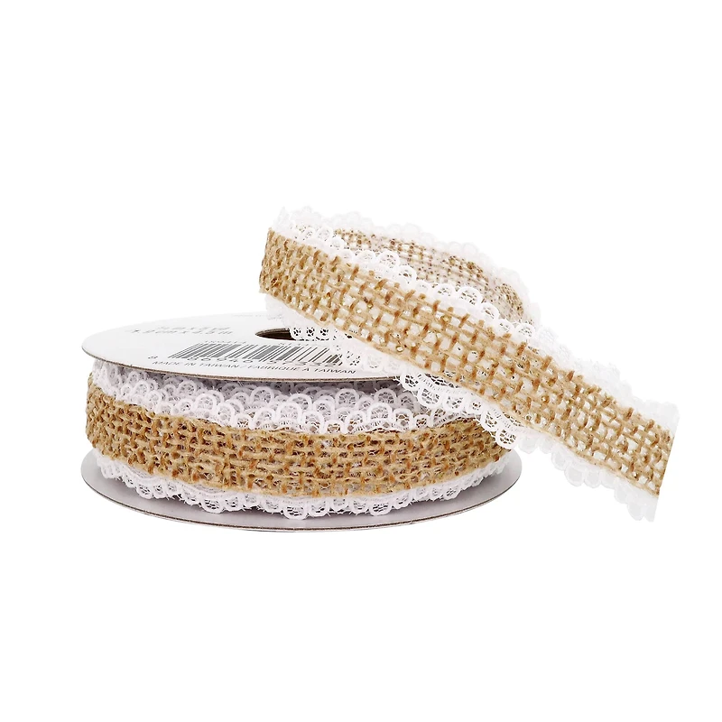 12 Pack: 3/4" x 5yd. Faux Burlap with Lace Edging Ribbon by Celebrate It® Classic
