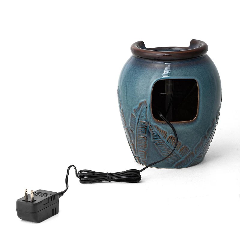Glitzhome® 9.25" LED Turquoise Leaf Textured Ceramic Jar Tabletop Fountain
