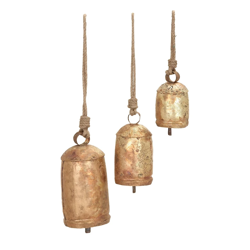Gold Metal Rustic Decorative Cow Bell, Set of 3" 22", 18", 12"