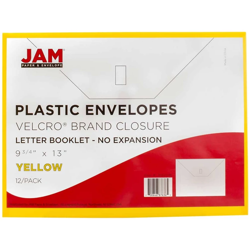 JAM Paper 9.5" x 12.5" Yellow Plastic Hook & Loop Closure Envelopes, 12ct.