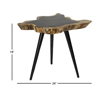 21" Brown Rosewood & Metal Contemporary Accent Table