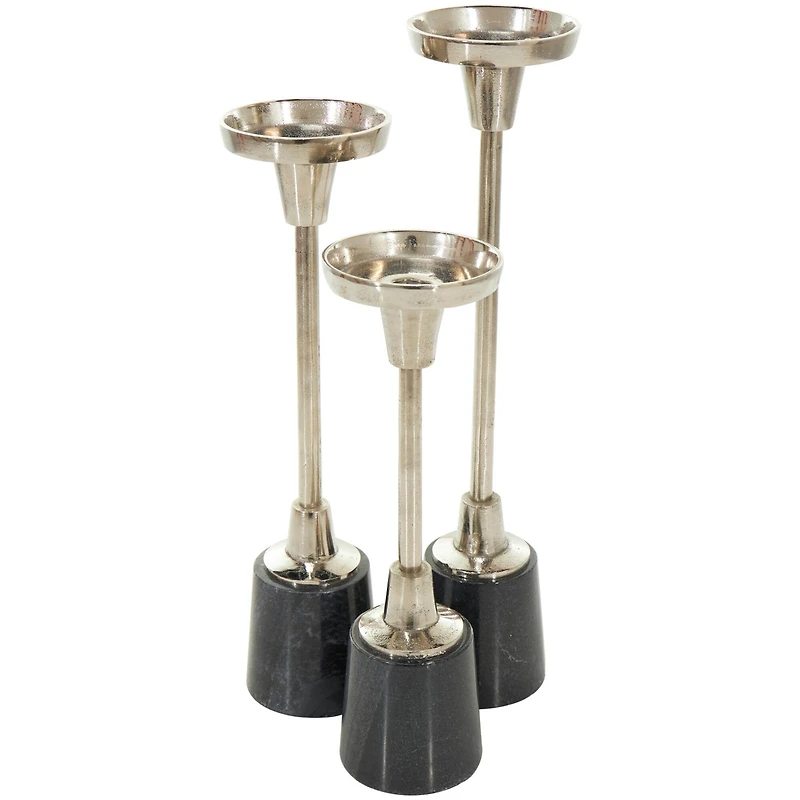 Silver Metal Slim Candle Holder with Black Marble Base Set