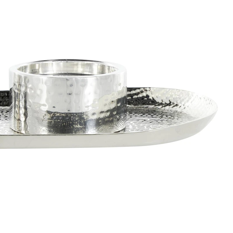 16" Silver Stainless Steel Metal Hammered Candle Holder with Oval Tray Plate