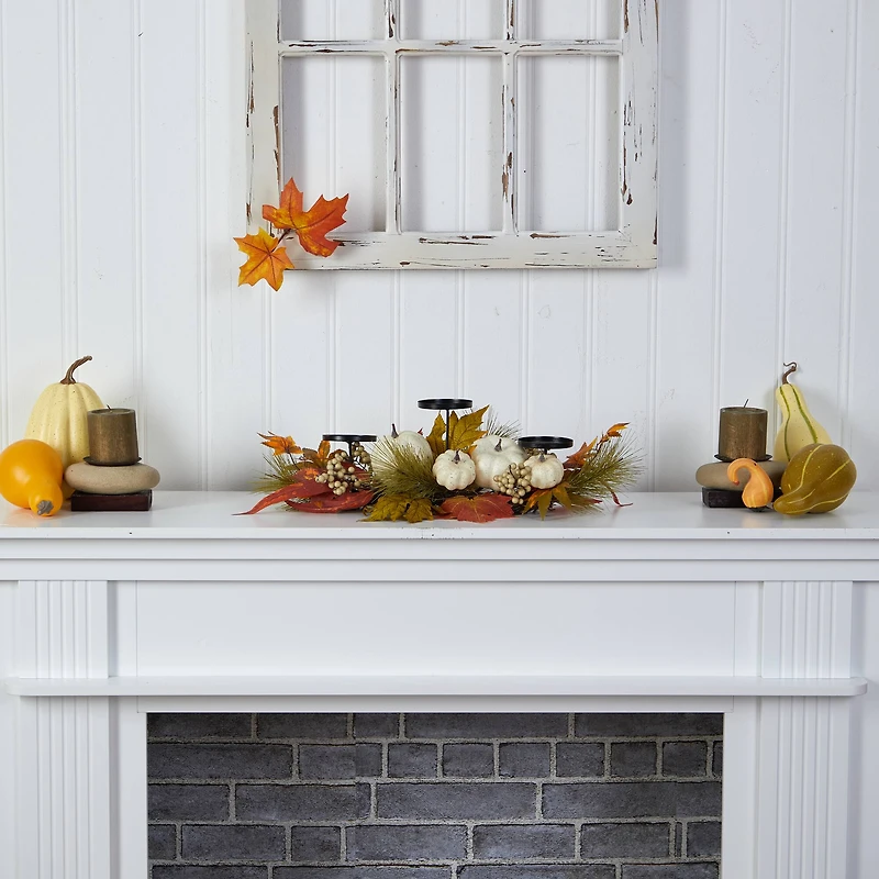22" Pumpkin And Maple Leaf Autumn Candelabrum Arrangement