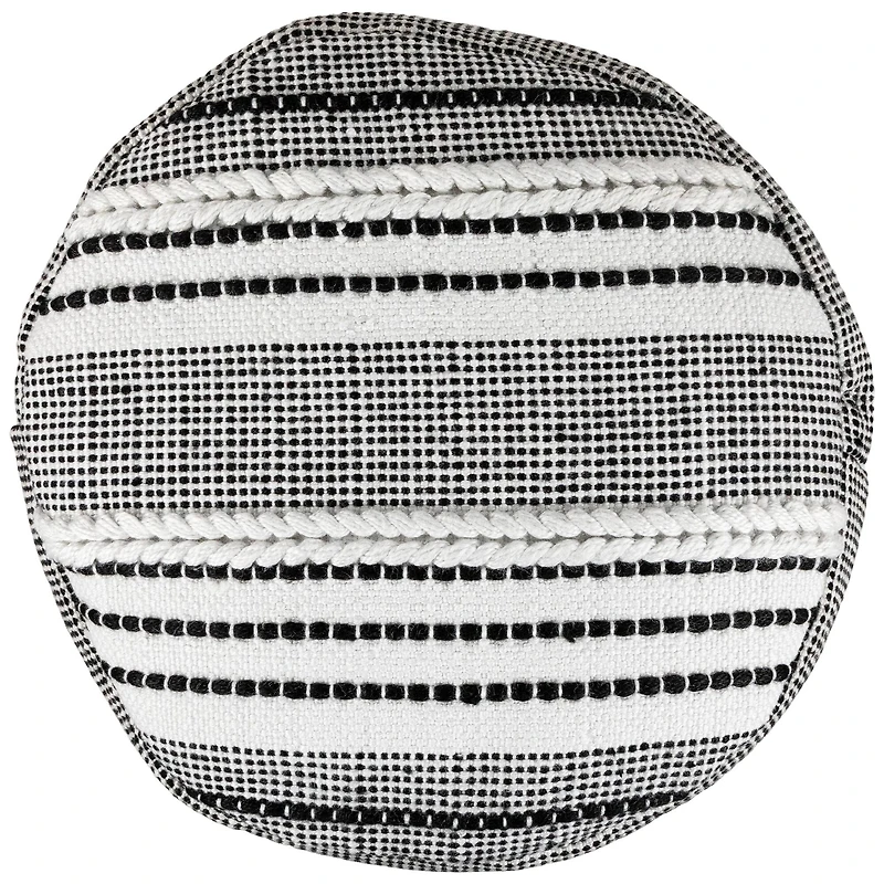 18" White & Black Striped Outdoor Woven Pouf Ottoman