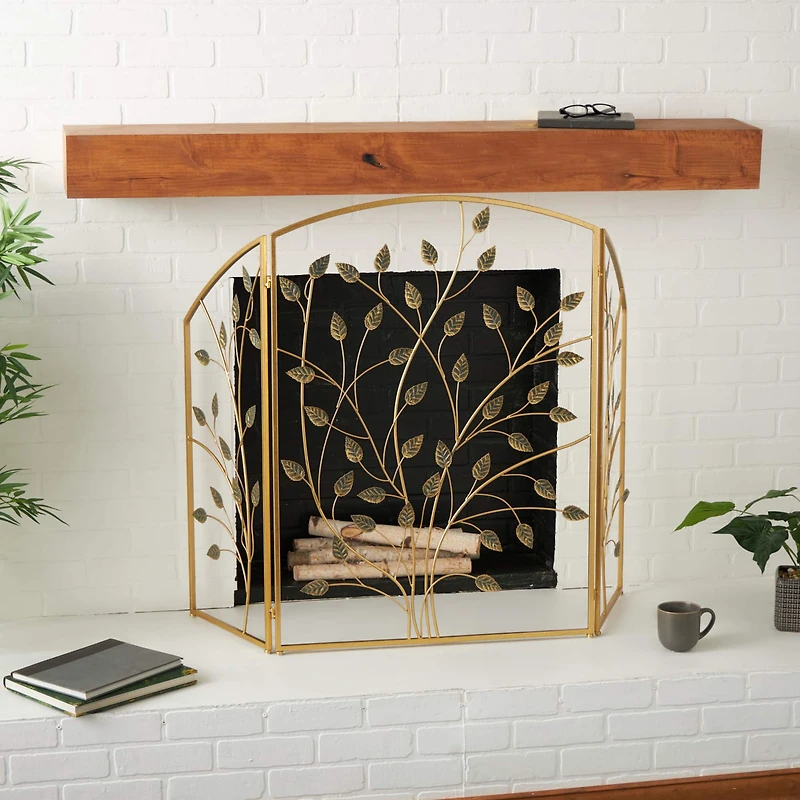 38.25" Gold Metal Leaf Foldable 3-Panel Fireplace Screen