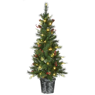 5ft. Pre-Lit Buzzard Pine Artificial Christmas Tree in Woven Planter, Warm White LED Lights